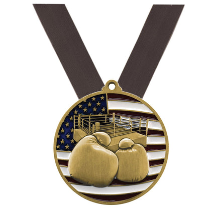 Boxing Patriotic Medal - Gold, Silver or Bronze | Engraved Boxing Medal - 2.75 Inch Wide Decade Awards
- Gold Boxing Medal - Black Ribbon
