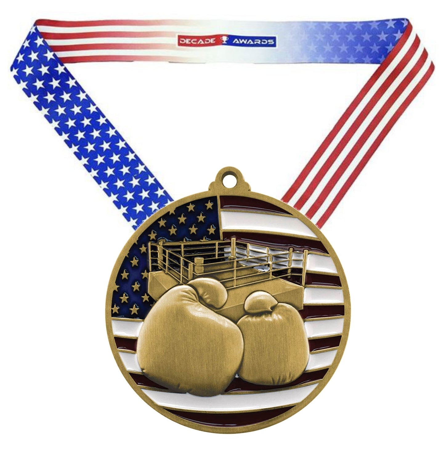Boxing Patriotic Medal - Gold, Silver or Bronze | Engraved Boxing Medal - 2.75 Inch Wide Decade Awards
- Gold Boxing Medal - Stars & Stripes Ribbon