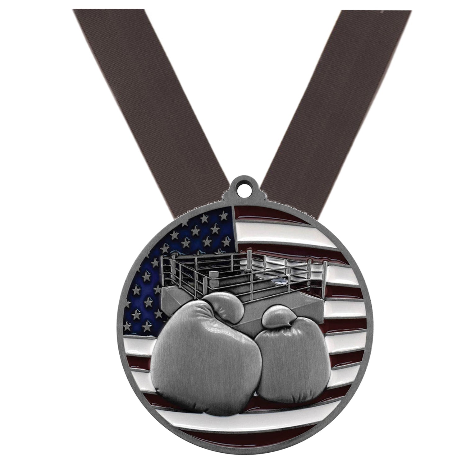 Boxing Patriotic Medal - Gold, Silver or Bronze | Engraved Boxing Medal - 2.75 Inch Wide Decade Awards
- Silver Boxing Medal - Black Ribbon