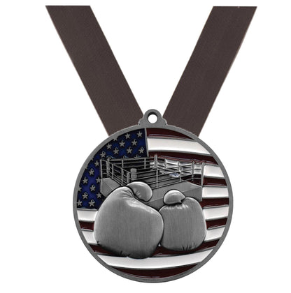 Boxing Patriotic Medal - Gold, Silver or Bronze | Engraved Boxing Medal - 2.75 Inch Wide Decade Awards
- Silver Boxing Medal - Black Ribbon
