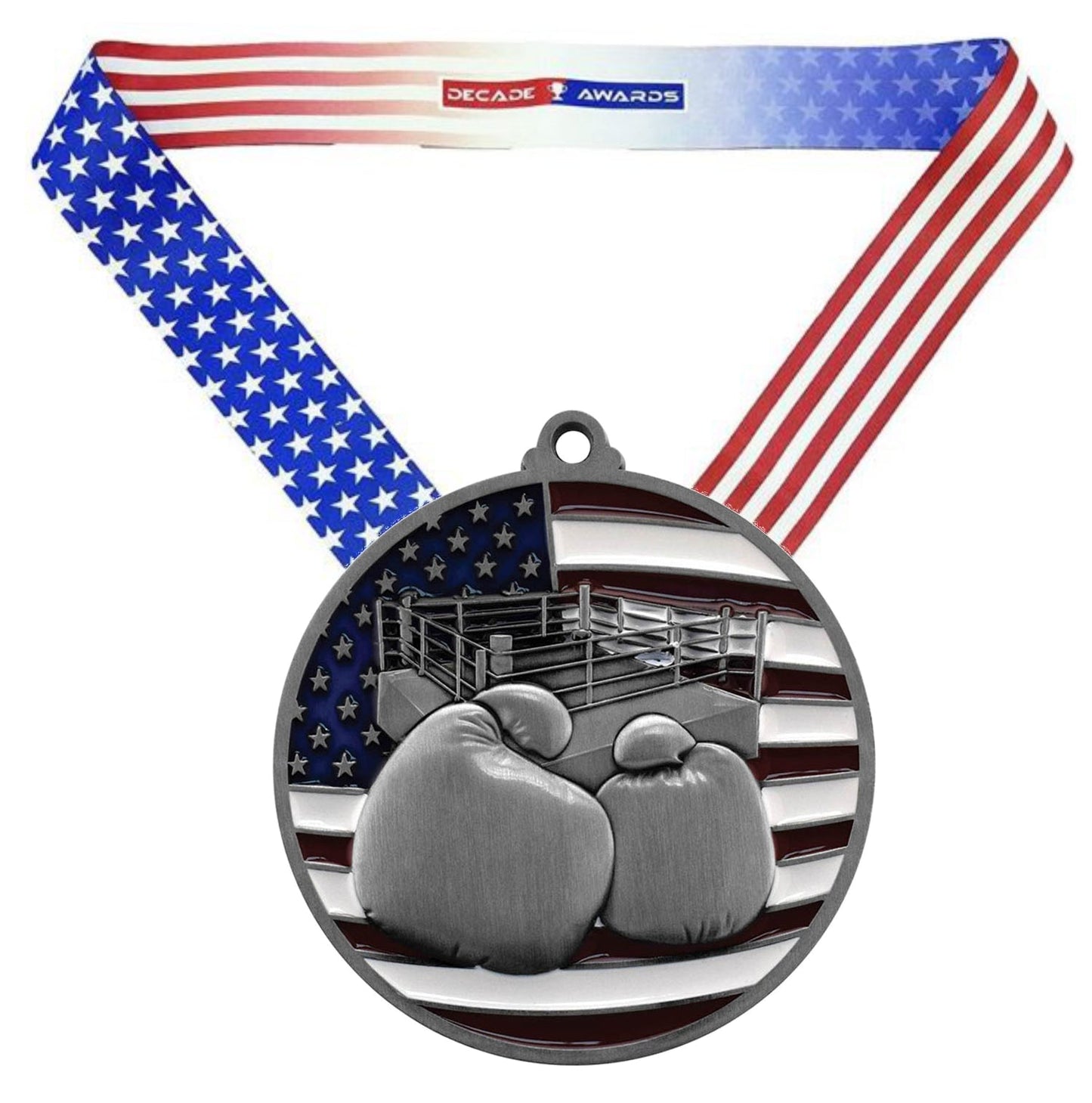 Boxing Patriotic Medal - Gold, Silver or Bronze | Engraved Boxing Medal - 2.75 Inch Wide Decade Awards
- Silver Boxing Medal - Stars & Stripes Ribbon