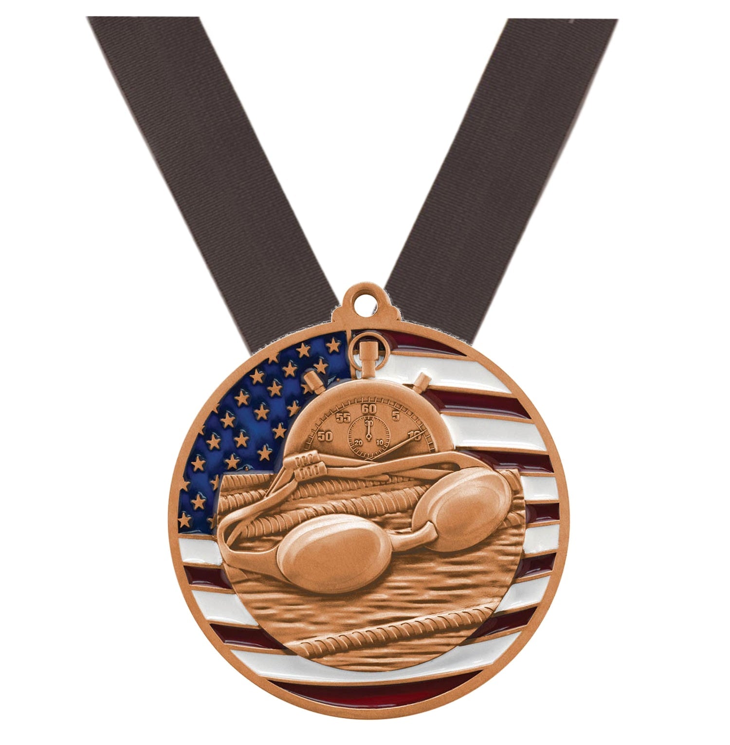Swimming Patriotic Medal - Gold, Silver or Bronze | Engraved Swim Meet Medal - 2.75 Inch Wide Decade Awards
- Bronze Swimming Medal - Black Ribbon