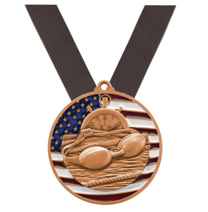 Swimming Patriotic Medal - Gold, Silver or Bronze | Engraved Swim Meet Medal - 2.75 Inch Wide Decade Awards
- Bronze Swimming Medal - Black Ribbon