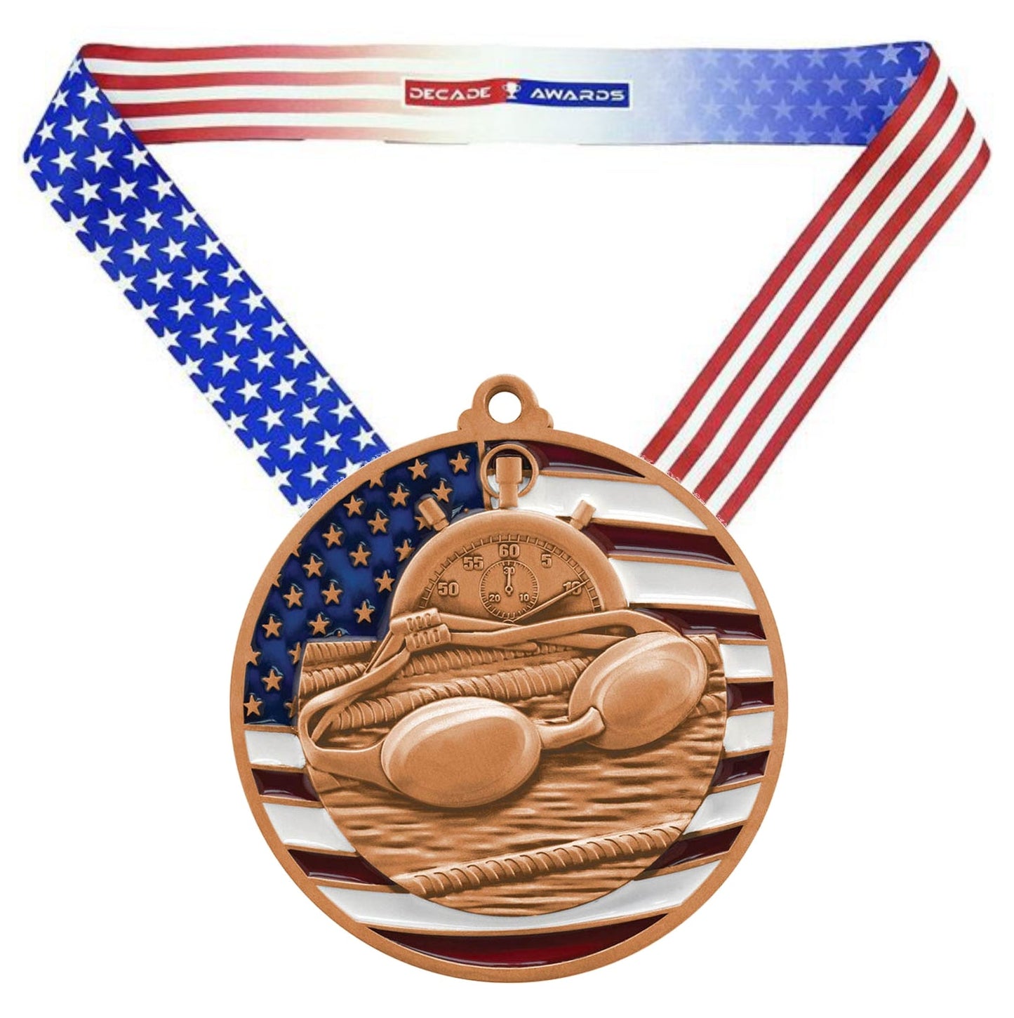 Swimming Patriotic Medal - Gold, Silver or Bronze | Engraved Swim Meet Medal - 2.75 Inch Wide Decade Awards
- Bronze Swimming Medal - Stars & Stripes Ribbon