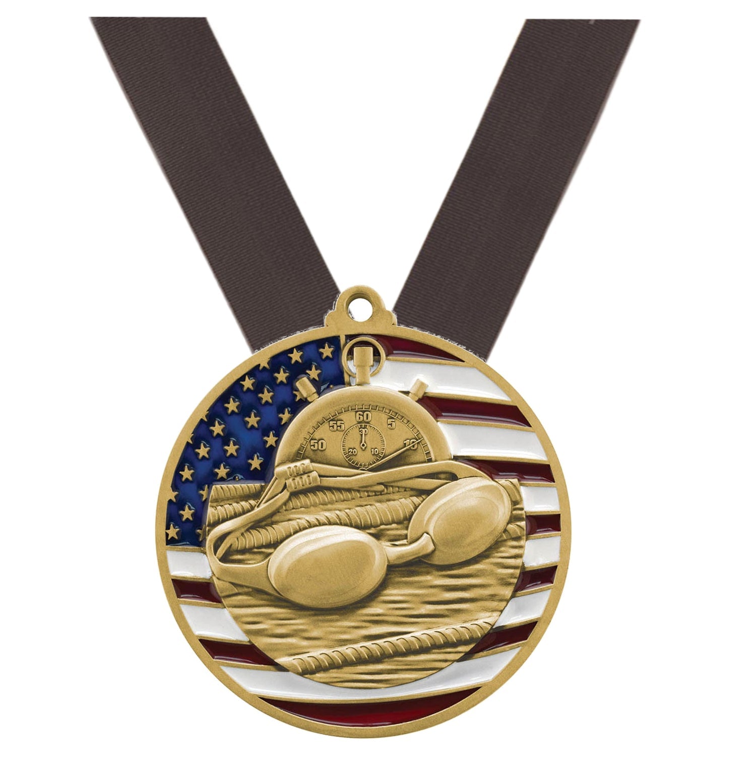 Swimming Patriotic Medal - Gold, Silver or Bronze | Engraved Swim Meet Medal - 2.75 Inch Wide Decade Awards
- Gold Swimming Medal - Black Ribbon