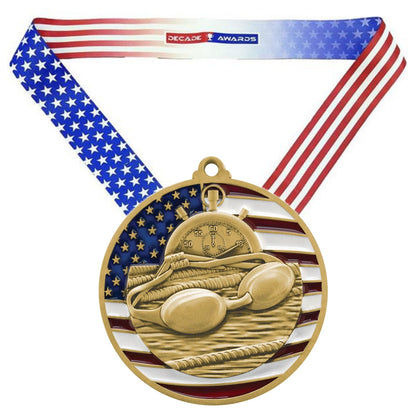 Swimming Patriotic Medal - Gold, Silver or Bronze | Engraved Swim Meet Medal - 2.75 Inch Wide Decade Awards
- Gold Swimming Medal - Stars & Stripes Ribbon