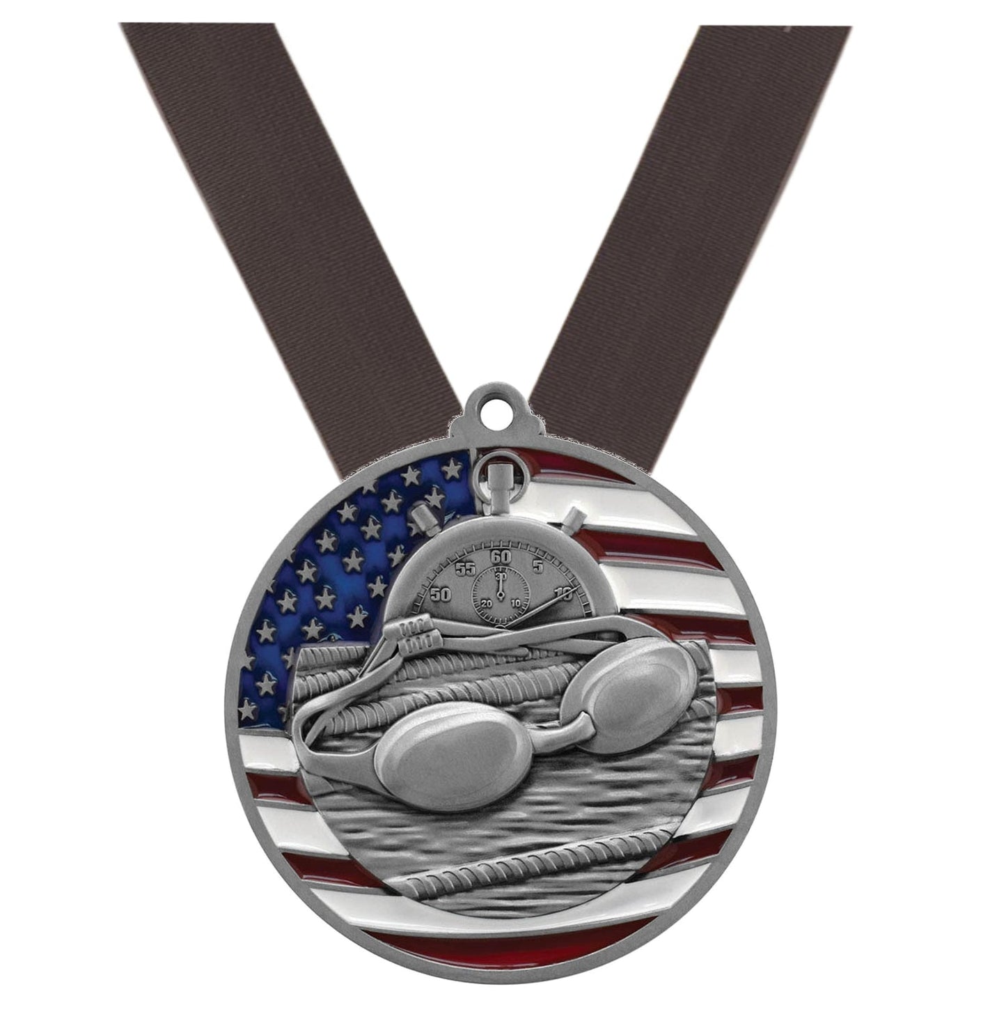Swimming Patriotic Medal - Gold, Silver or Bronze | Engraved Swim Meet Medal - 2.75 Inch Wide Decade Awards
- Silver Swimming Medal - Black Ribbon