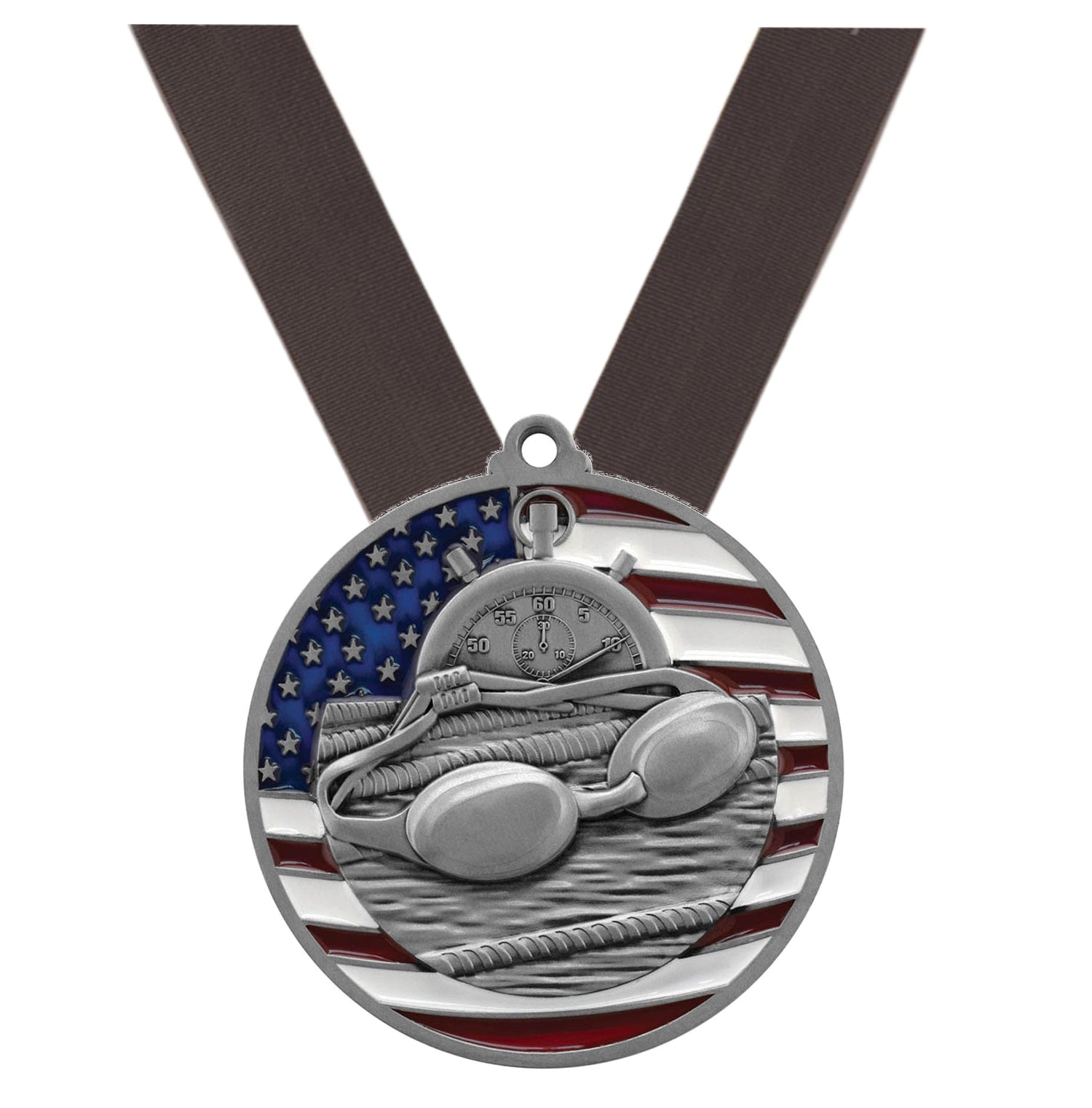 Swimming Patriotic Medal - Gold, Silver or Bronze | Engraved Swim Meet Medal - 2.75 Inch Wide Decade Awards
- Silver Swimming Medal - Black Ribbon