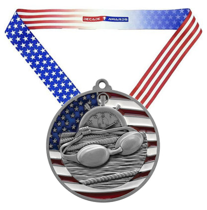 Swimming Patriotic Medal - Gold, Silver or Bronze | Engraved Swim Meet Medal - 2.75 Inch Wide Decade Awards
- Silver Swimming Medal - Stars & Stripes Ribbon