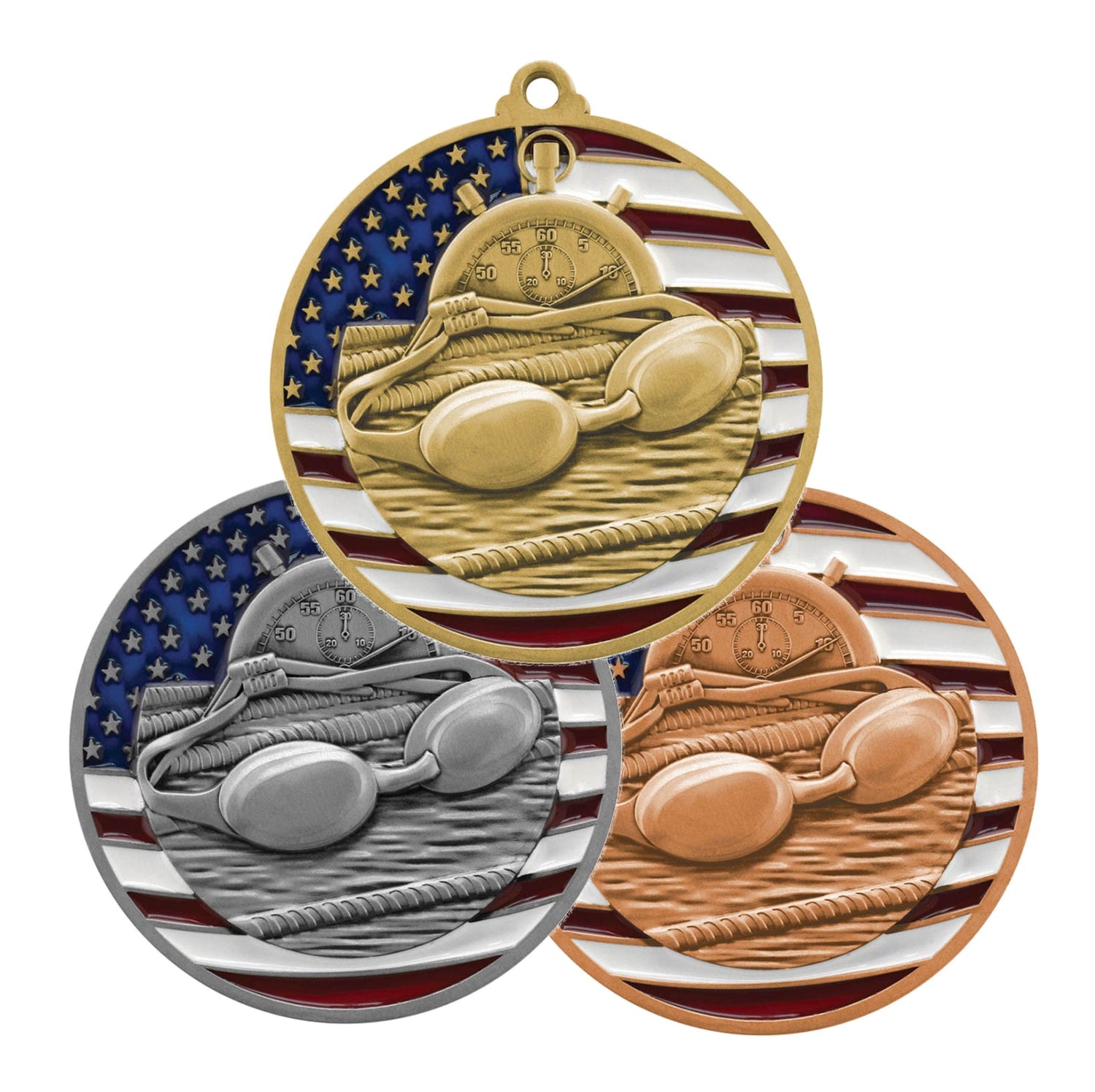 Swimming Patriotic Medal - Gold, Silver or Bronze | Engraved Swim Meet Medal - 2.75 Inch Wide Decade Awards