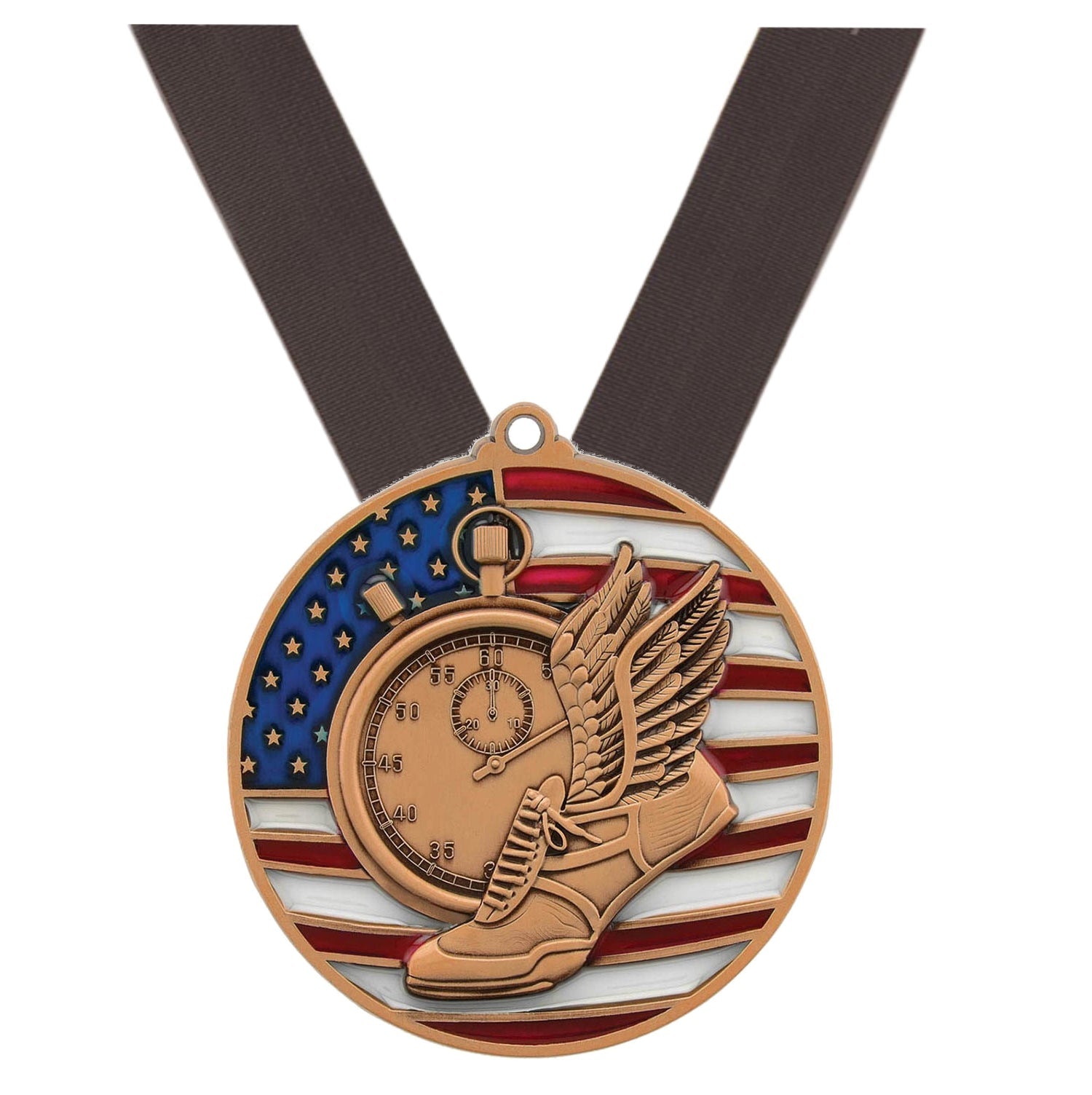 Track & Field Patriotic Medal - Gold, Silver or Bronze | Engraved Track Medal - 2.75 Inch Wide Decade Awards
- Bronze Track Medal - Black Ribbon