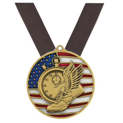 Track & Field Patriotic Medal - Gold, Silver or Bronze | Engraved Track Medal - 2.75 Inch Wide Decade Awards
- Gold Track Medal - Black Ribbon
