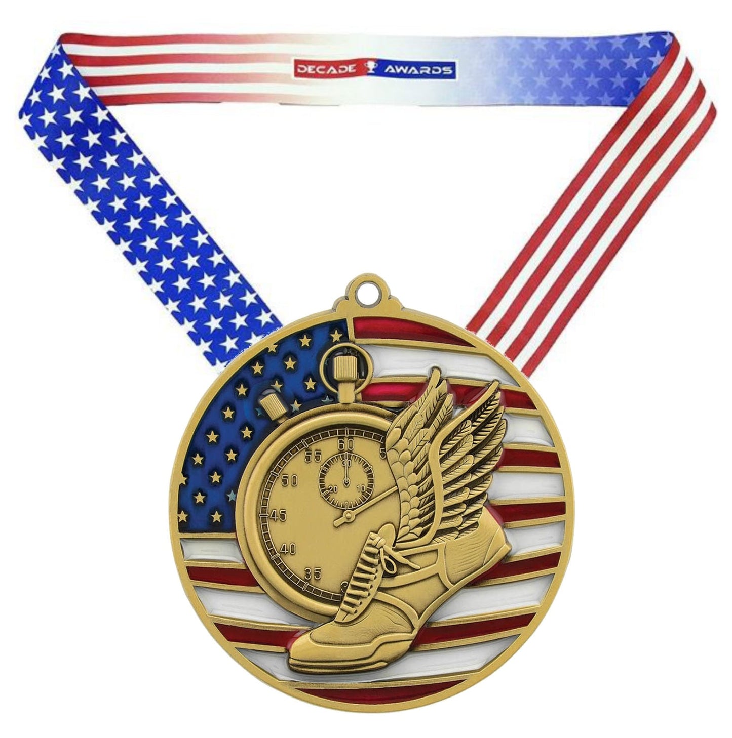 Track & Field Patriotic Medal - Gold, Silver or Bronze | Engraved Track Medal - 2.75 Inch Wide Decade Awards
- Gold Track Medal - Stars & Stripes Ribbon