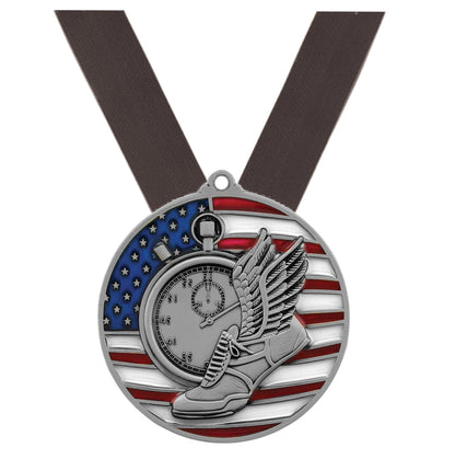 Track & Field Patriotic Medal - Gold, Silver or Bronze | Engraved Track Medal - 2.75 Inch Wide Decade Awards
- Silver Track Medal - Black Ribbon
