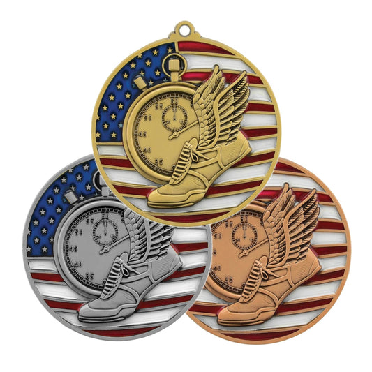 Track & Field Patriotic Medal - Gold, Silver or Bronze | Engraved Track Medal - 2.75 Inch Wide Decade Awards