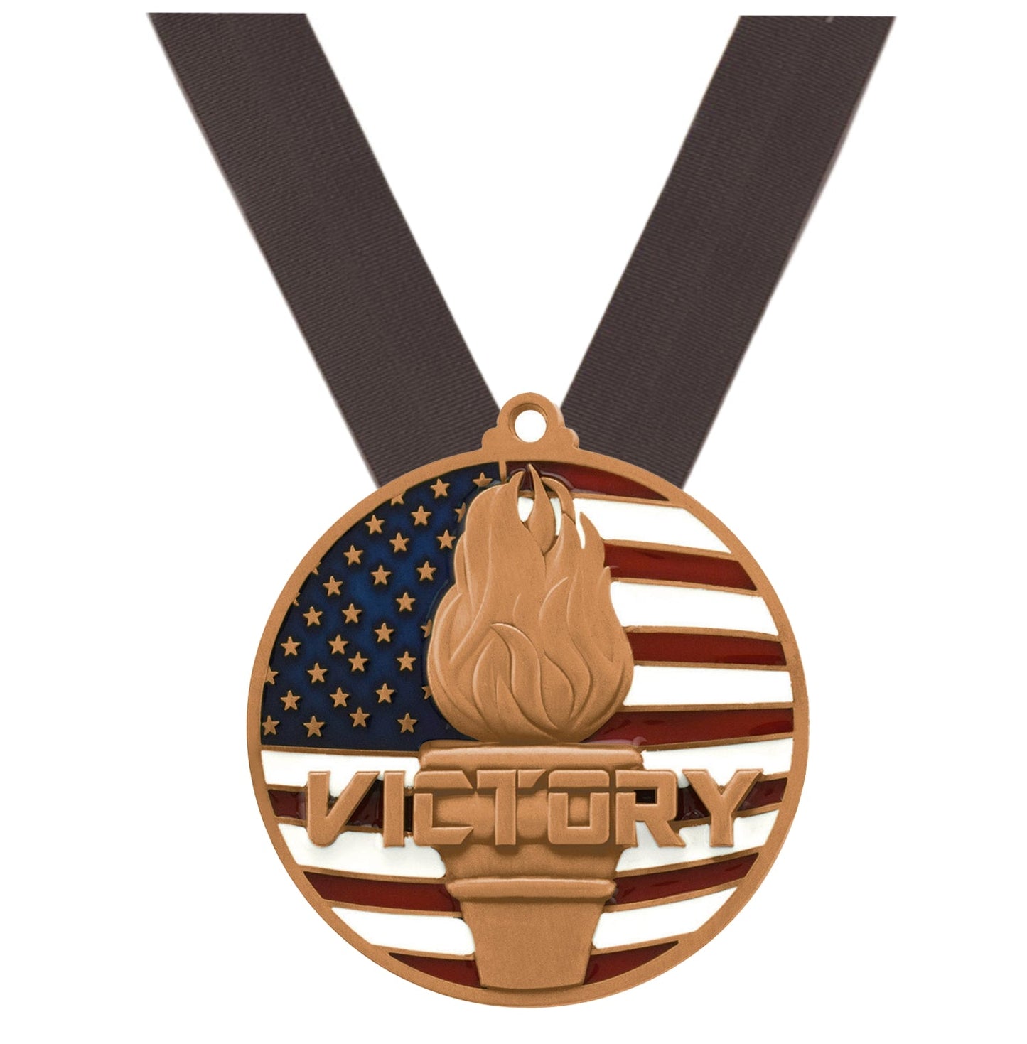 Victory Flame Patriotic Medal - Gold, Silver or Bronze | Engraved Victory Place Medal - 2.75 Inch Wide Decade Awards
- Bronze Victory Medal - Black Ribbon