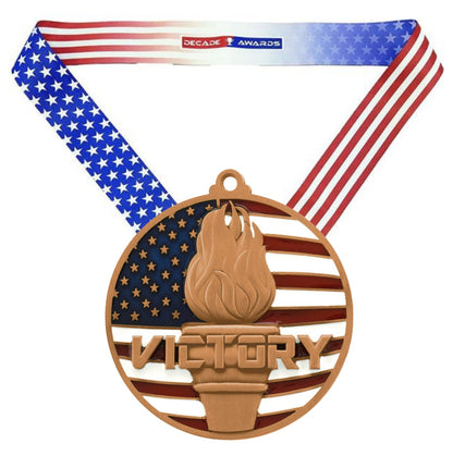 Victory Flame Patriotic Medal - Gold, Silver or Bronze | Engraved Victory Place Medal - 2.75 Inch Wide Decade Awards
- Bronze Victory Medal - Stars & Stripes Ribbon