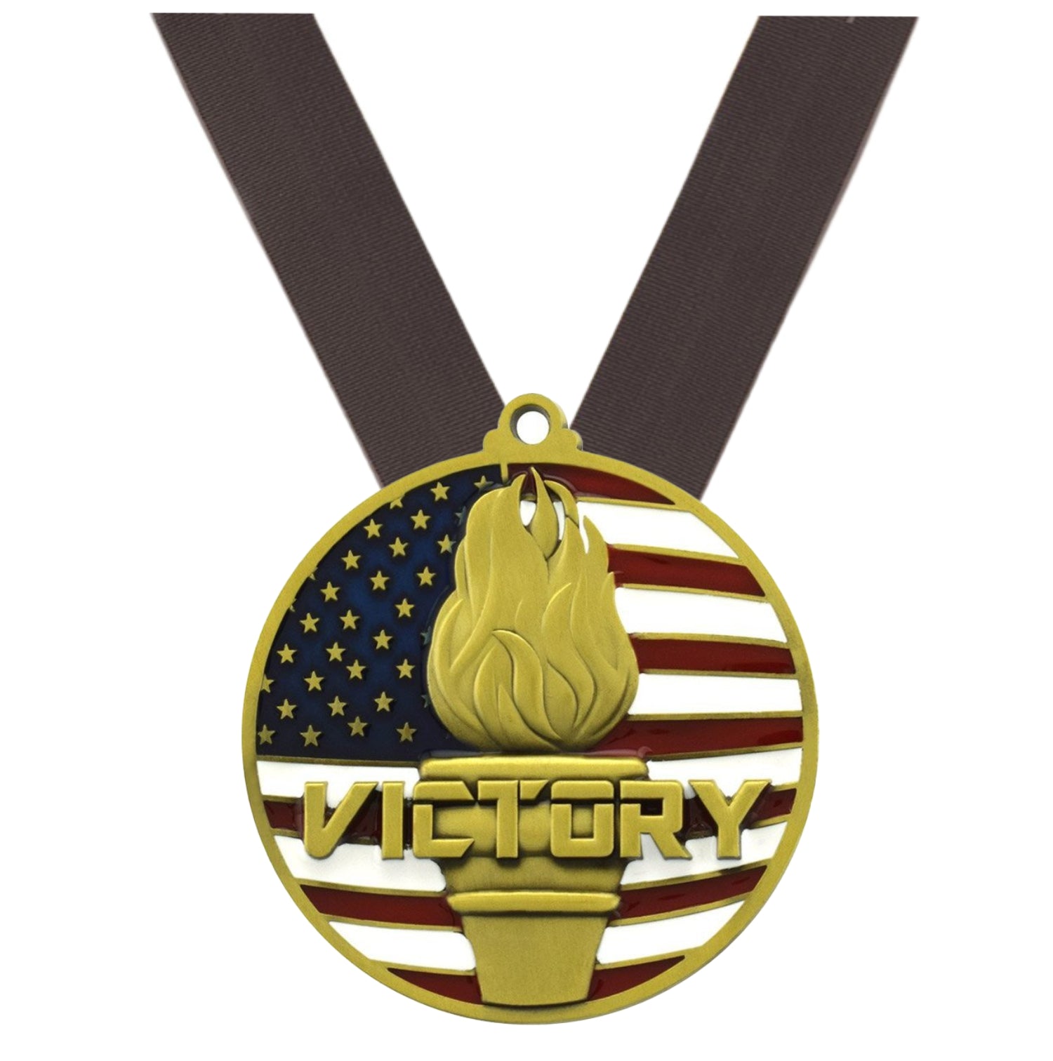 Victory Flame Patriotic Medal - Gold, Silver or Bronze | Engraved Victory Place Medal - 2.75 Inch Wide Decade Awards
- Gold Victory Medal - Black Ribbon