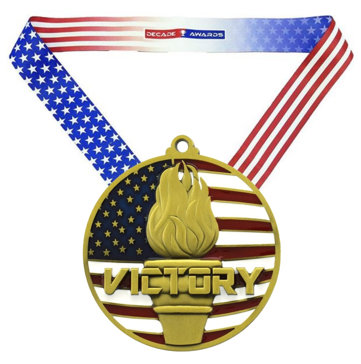 Victory Flame Patriotic Medal - Gold, Silver or Bronze | Engraved Victory Place Medal - 2.75 Inch Wide Decade Awards
- Gold Victory Medal - Stars & Stripes Ribbon