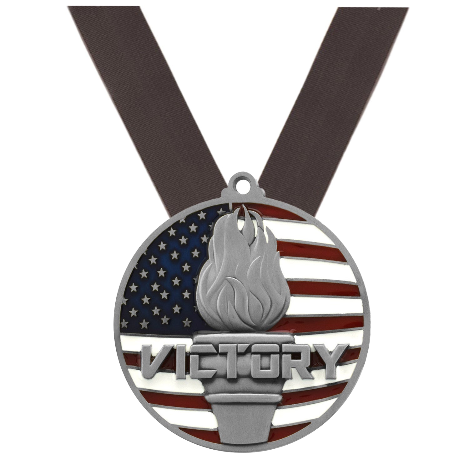 Victory Flame Patriotic Medal - Gold, Silver or Bronze | Engraved Victory Place Medal - 2.75 Inch Wide Decade Awards
- Silver Victory Medal - Black Ribbon