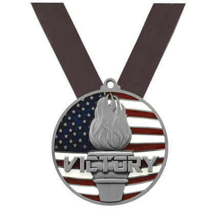 Victory Flame Patriotic Medal - Gold, Silver or Bronze | Engraved Victory Place Medal - 2.75 Inch Wide Decade Awards
- Silver Victory Medal - Black Ribbon