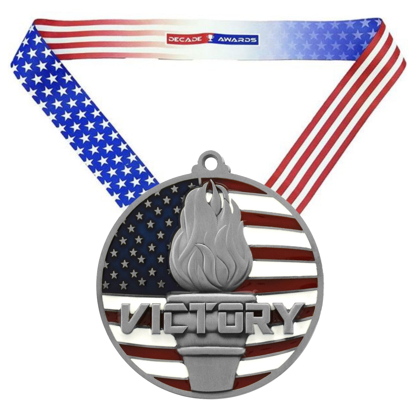 Victory Flame Patriotic Medal - Gold, Silver or Bronze | Engraved Victory Place Medal - 2.75 Inch Wide Decade Awards
- Silver Victory Medal - Stars & Stripes Ribbon