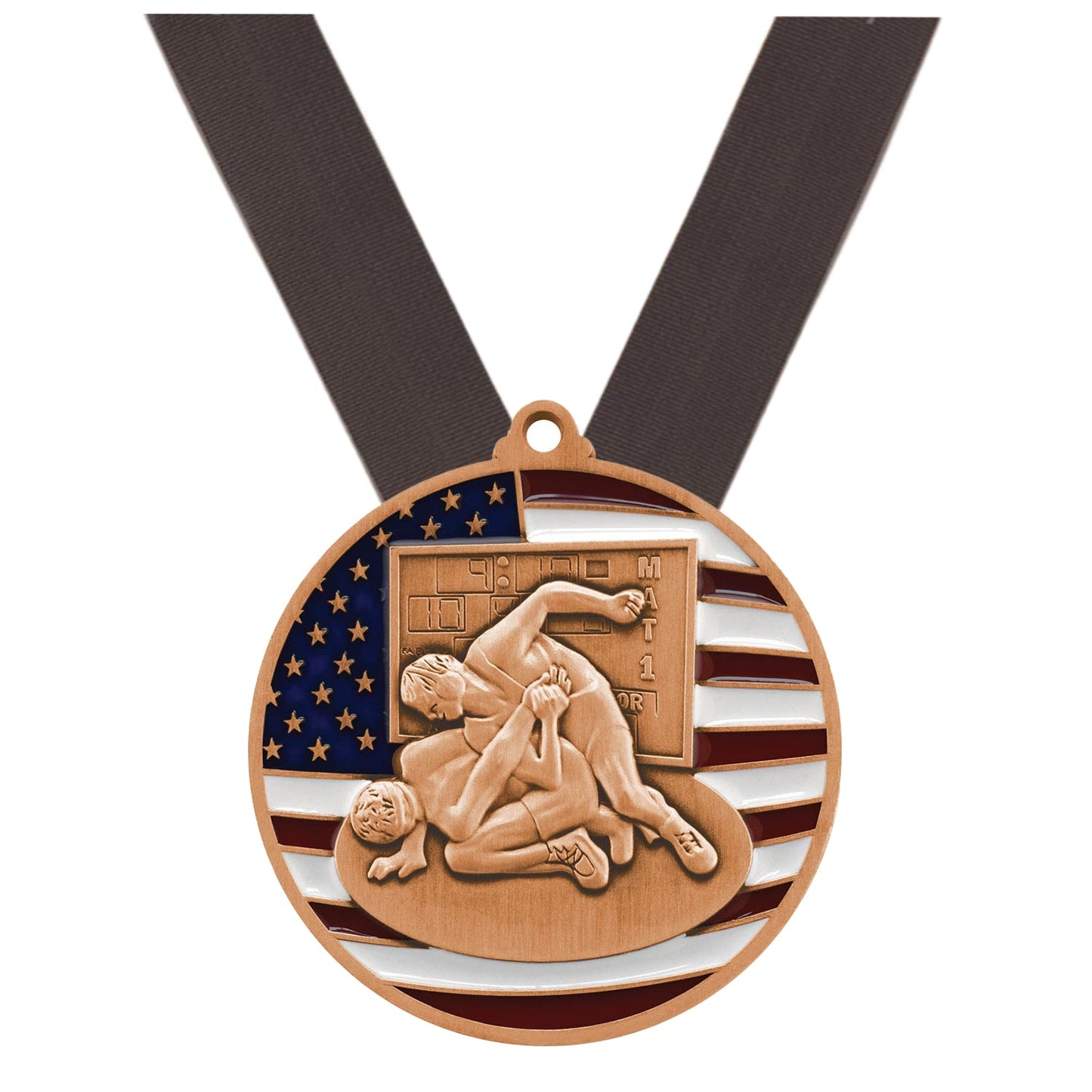 Wrestling Patriotic Medal - Gold, Silver or Bronze | Engraved Wrestling Medal - 2.75 Inch Wide Decade Awards
- Bronze Wrestling Medal - Black Ribbon