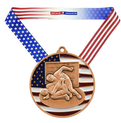 Wrestling Patriotic Medal - Gold, Silver or Bronze | Engraved Wrestling Medal - 2.75 Inch Wide Decade Awards
- Bronze Wrestling Medal - Stars & Stripes Ribbon