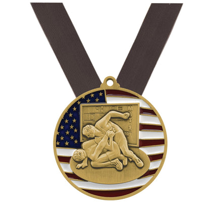Wrestling Patriotic Medal - Gold, Silver or Bronze | Engraved Wrestling Medal - 2.75 Inch Wide Decade Awards
- Gold Wrestling Medal - Black Ribbon