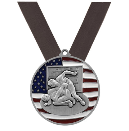 Wrestling Patriotic Medal - Gold, Silver or Bronze | Engraved Wrestling Medal - 2.75 Inch Wide Decade Awards
- Silver Wrestling Medal - Black Ribbon