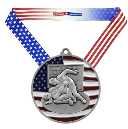 Wrestling Patriotic Medal - Gold, Silver or Bronze | Engraved Wrestling Medal - 2.75 Inch Wide Decade Awards
- Silver Wrestling Medal - Stars & Stripes Ribbon