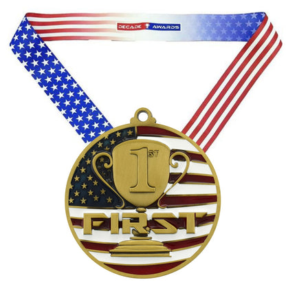 1st, 2nd, 3rd Place Patriotic Medal - Gold, Silver or Bronze | Engraved Place Medal - 2.75 Inch Wide Decade Awards
- 1st Place Medal - Stars & Stripes Ribbon