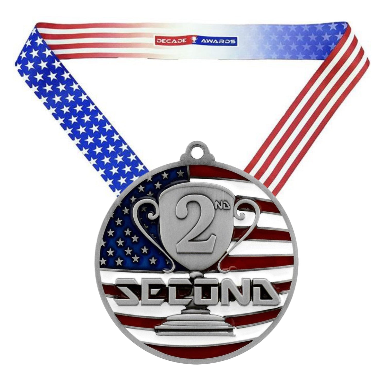 1st, 2nd, 3rd Place Patriotic Medal - Gold, Silver or Bronze | Engraved Place Medal - 2.75 Inch Wide Decade Awards
- 2nd Place Medal - Stars & Stripes Ribbon