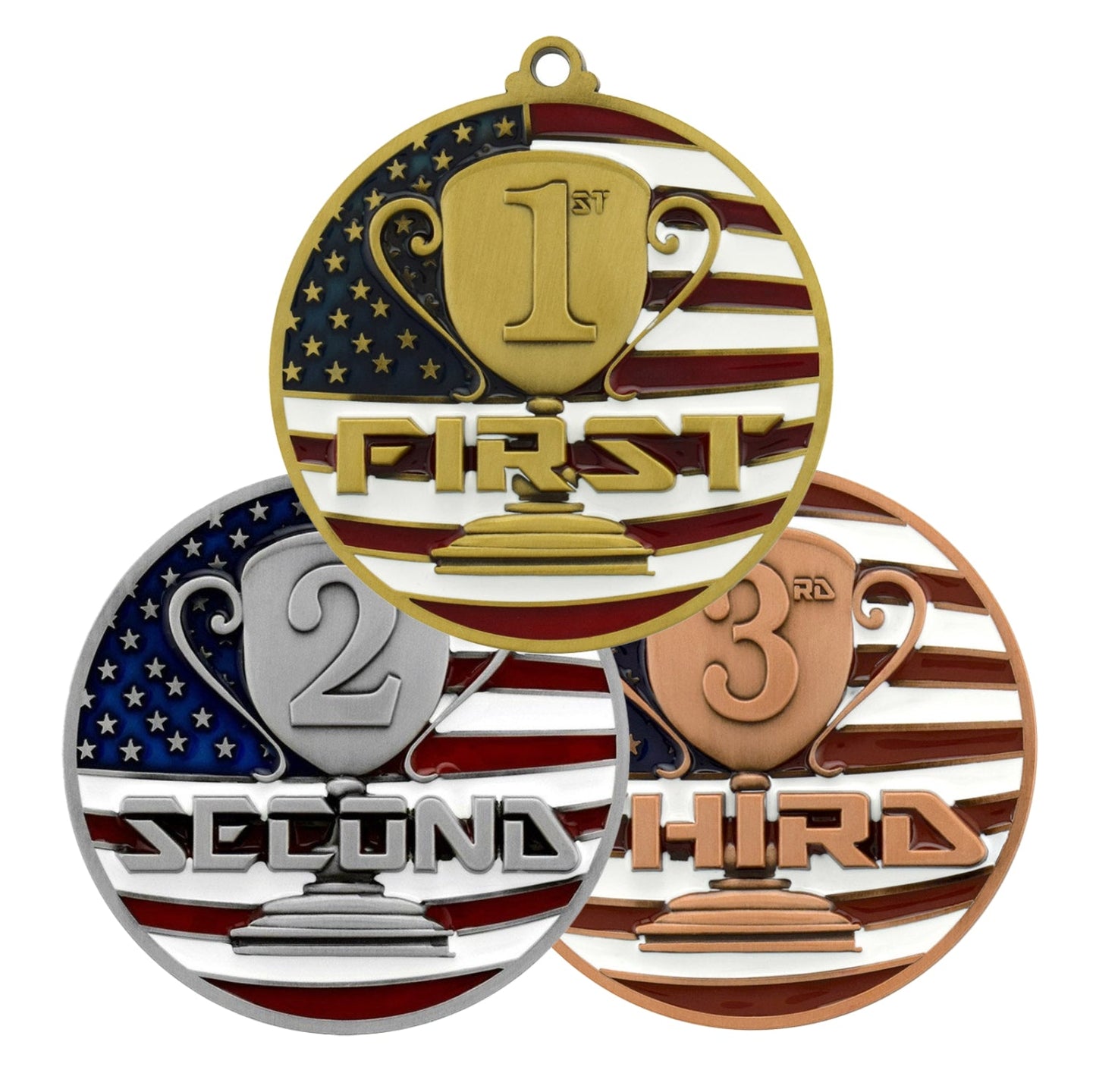 1st, 2nd, 3rd Place Patriotic Medal - Gold, Silver or Bronze | Engraved Place Medal - 2.75 Inch Wide Decade Awards