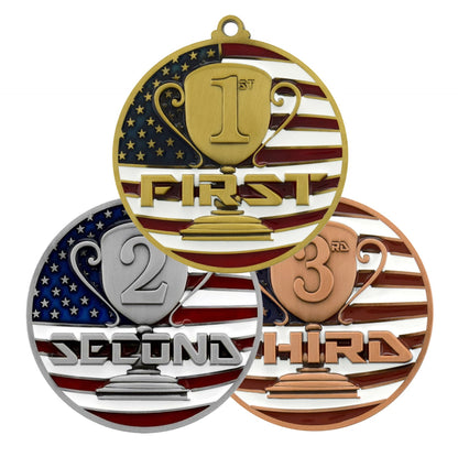 1st, 2nd, 3rd Place Patriotic Medal - Gold, Silver or Bronze | Engraved Place Medal - 2.75 Inch Wide Decade Awards