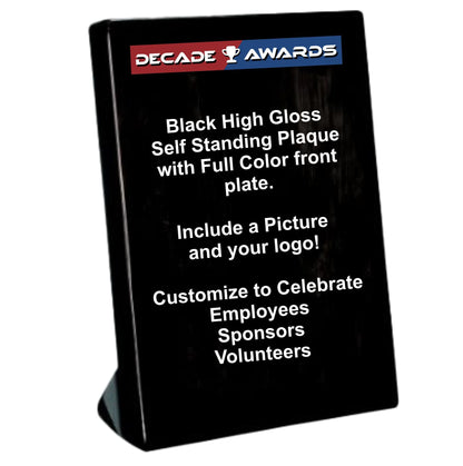 Plaque - Self Standing with Black High Gloss Finish | Engraved Plaque - 7, 8.25 or 9.25 Inch Tall Decade Awards
