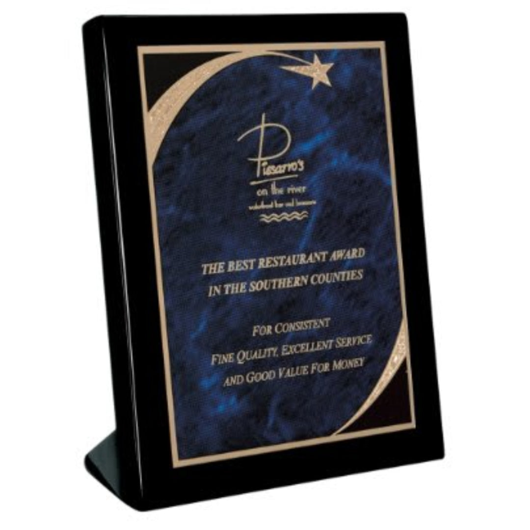 Plaque - Self Standing with Black High Gloss Finish | Engraved Plaque - 7, 8.25 or 9.25 Inch Tall Decade Awards