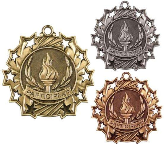 Participant Ten Star Medal - Gold, Silver or Bronze | Engraved Contribution 10 Star Medallion | 2.25 Inch Wide Decade Awards