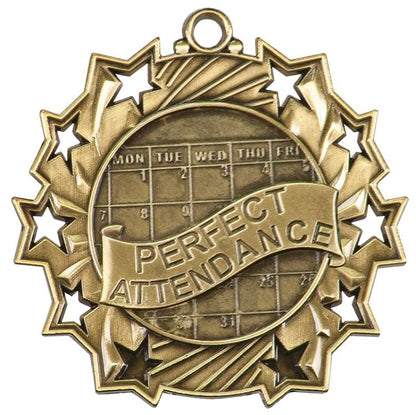Perfect Attendance Ten Star Medal - Gold, Silver or Bronze | Engraved Student Recognition 10 Star Medallion | 2.25 Inch Wide Decade Awards