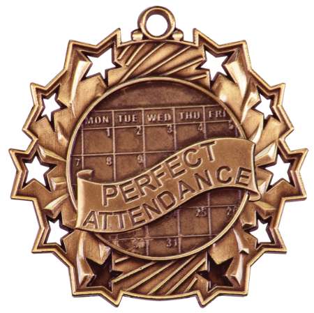 Perfect Attendance Ten Star Medal - Gold, Silver or Bronze | Engraved Student Recognition 10 Star Medallion | 2.25 Inch Wide Decade Awards