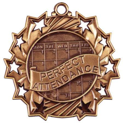 Perfect Attendance Ten Star Medal - Gold, Silver or Bronze | Engraved Student Recognition 10 Star Medallion | 2.25 Inch Wide Decade Awards