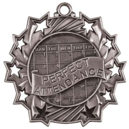 Perfect Attendance Ten Star Medal - Gold, Silver or Bronze | Engraved Student Recognition 10 Star Medallion | 2.25 Inch Wide Decade Awards
