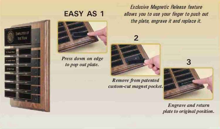 Perpetual Photo Plaque - 10.5" x 13” | Mahogany Finish Plaque with 12 Magnetic Engraving Plates Decade Awards