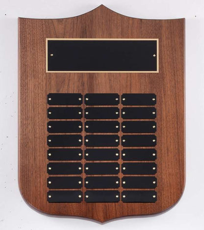Perpetual Plaque - 12" x 16" | Engraved Walnut Shield Plaque with 24 Black Brass Plates Decade Awards