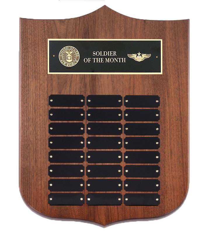 Perpetual Plaque - 12" x 16" | Engraved Walnut Shield Plaque with 24 Black Brass Plates Decade Awards