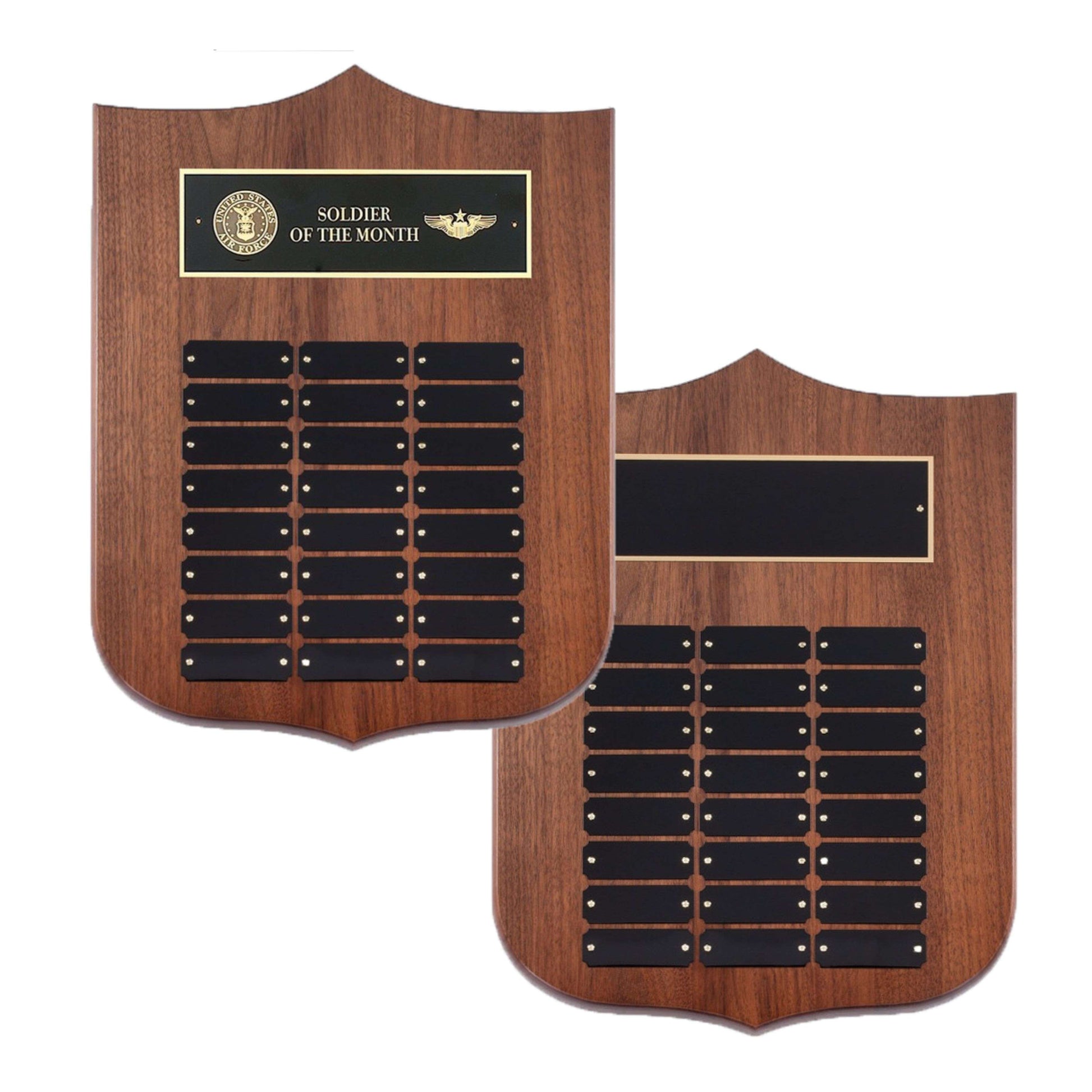Perpetual Plaque - 12" x 16" | Engraved Walnut Shield Plaque with 24 Black Brass Plates Decade Awards