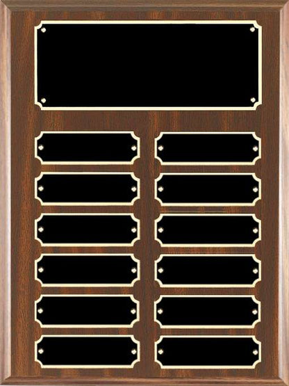Perpetual Plaque | Walnut Finish Plaque with 12 Scalloped Edge Engraving Plates Decade Awards