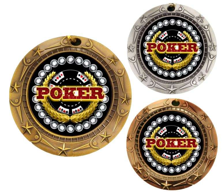 Poker World Class Medal - Gold, Silver or Bronze | Engraved Texas Hold 'em Medallion - 3 Inch Wide Decade Awards