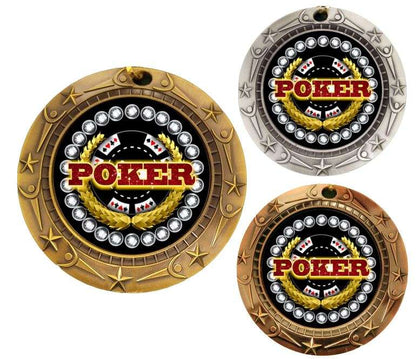 Poker World Class Medal - Gold, Silver or Bronze | Engraved Texas Hold 'em Medallion - 3 Inch Wide Decade Awards