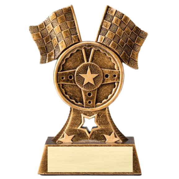 Racing Trophy | Flags and Wheel | Personalized Racing Award | 6.75 Inches Tall